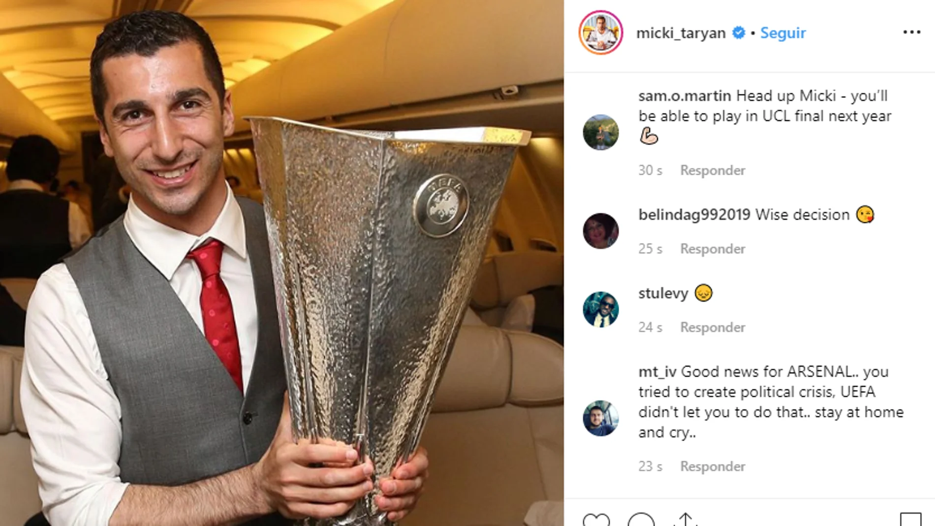 Mkhitaryan anuncia por Instagram que no va a jugar la final de la Europa League Mkhitaryan anuncia por Instagram que no va a jugar la final de la Europa League