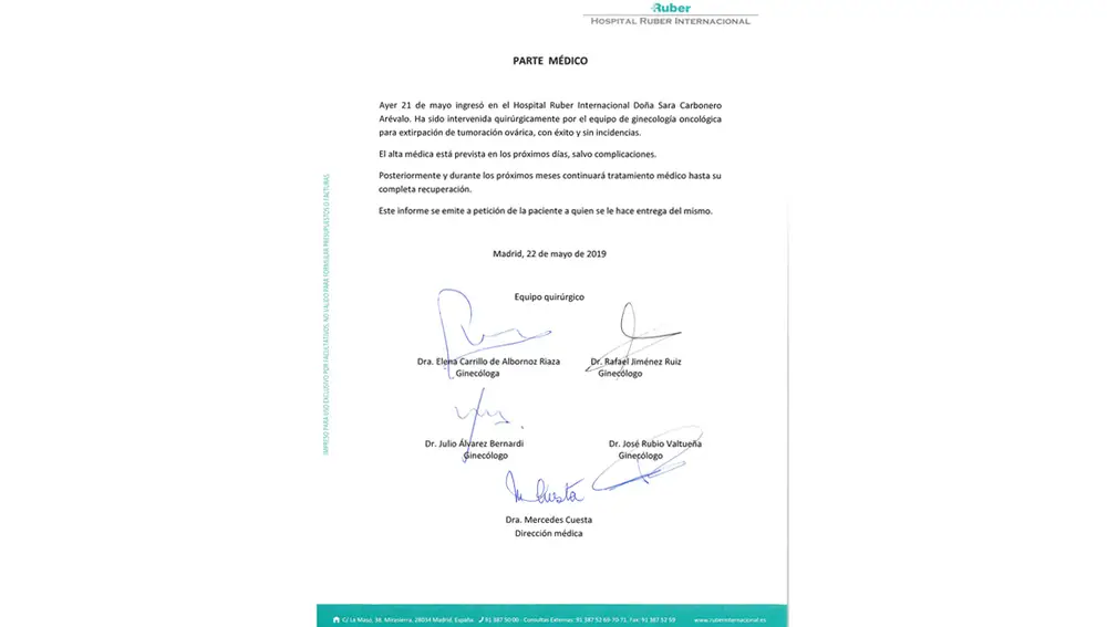 Parte médico Sara Carbonero Parte médico Sara Carbonero