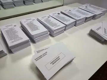 Papeletas en las Elecciones Municipales de 2019 en un colegio de Elche. Papeletas en las Elecciones Municipales de 2019 en un colegio de Elche.