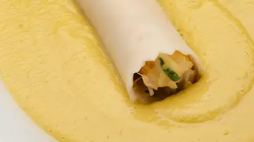 Crema fría de mango y calabacín con canelón de bonito