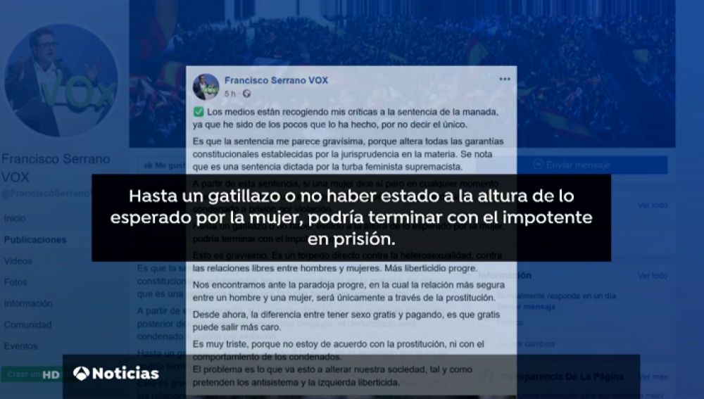 Vox desautoriza a Serrano sobre sus críticas a la sentencia contra 'La Manada'