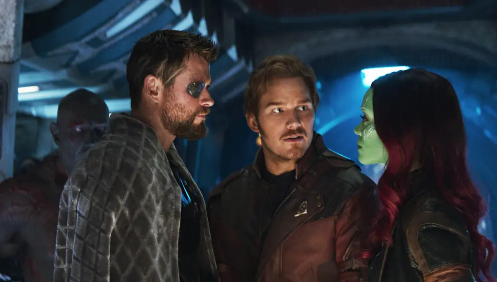 Chris Hemsworth, Chris Pratt y Zoe Saldana en 'Vengadores: Infinity War'