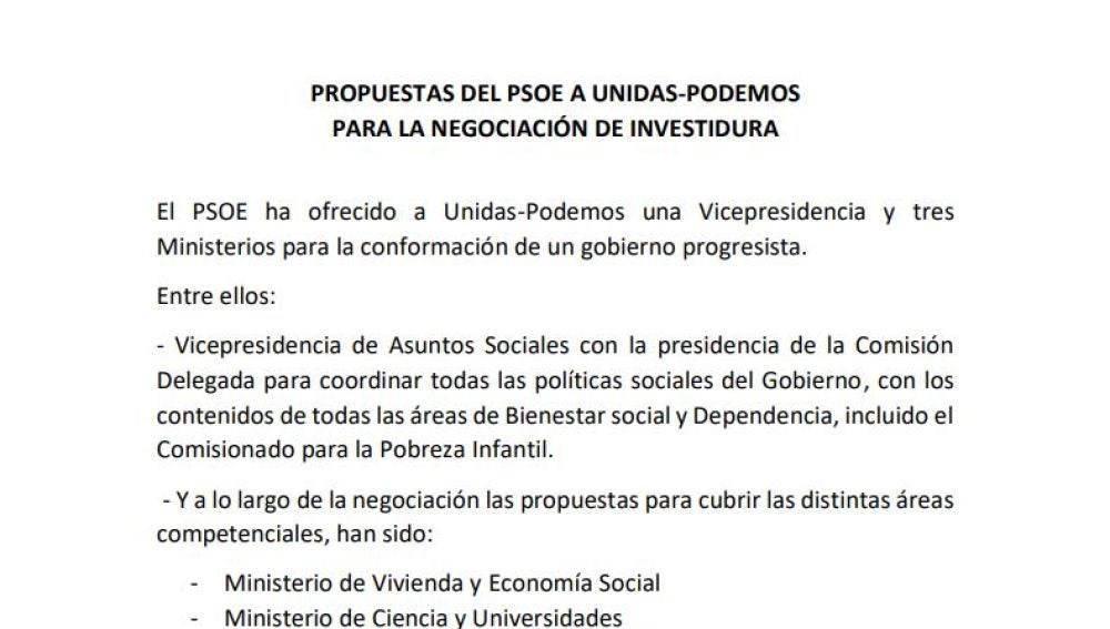 EXCLUSIVA; Documento PSOE a Podemos