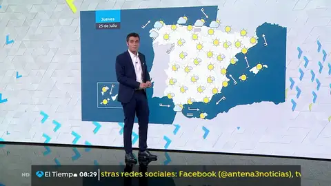 Última jornada de la ola de calor: las temperaturas empiezan a bajar en la mitad occidental Las altas temperaturas darán tegrua a lo largo del día en la mayor parte del país. En el noroeste penínsular, las temperaturas rondará los 40 grados y en algunos puntos de Navarra y Aragón dejarán fuertes tormentas