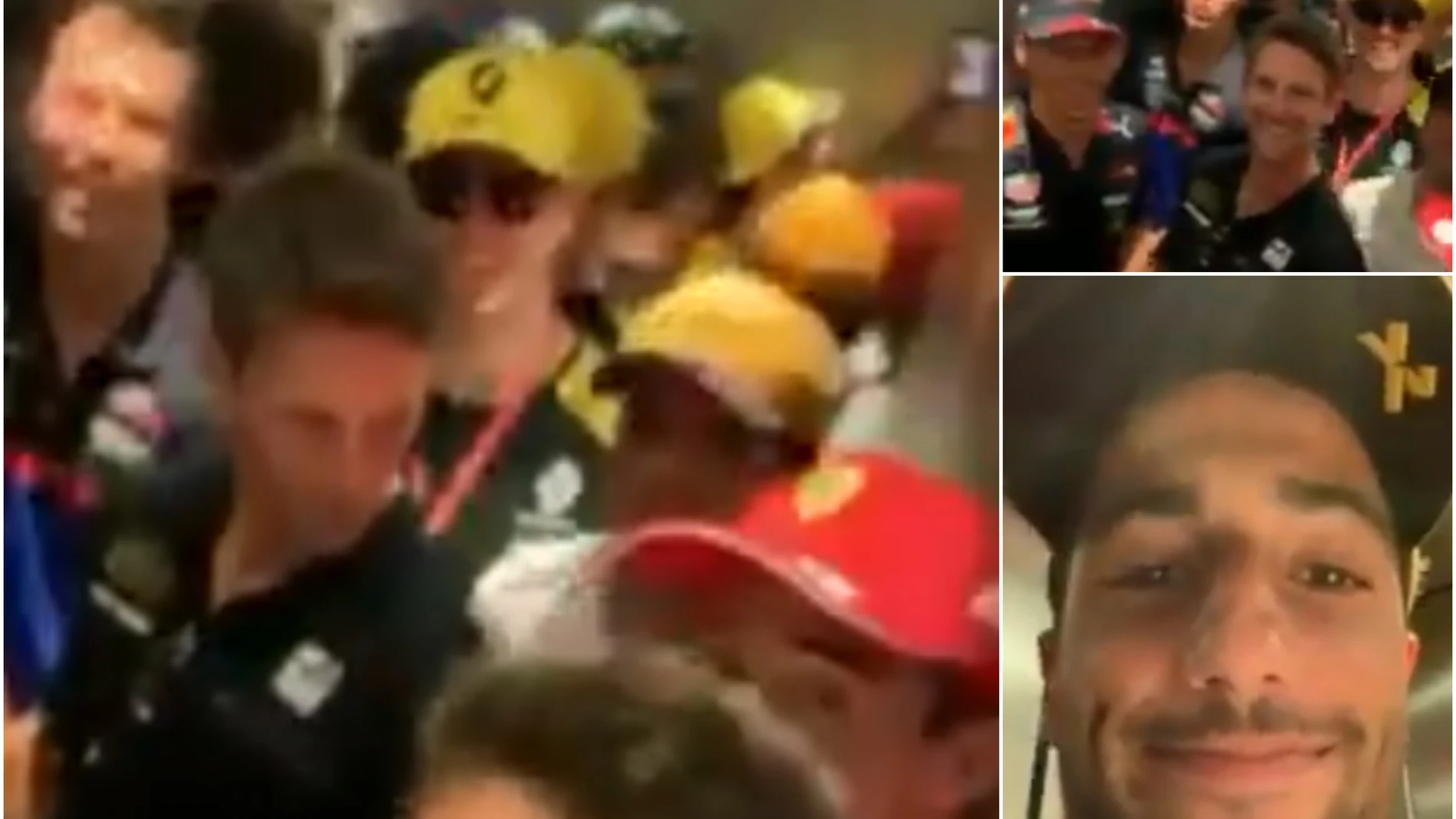 Varios pilotos de Fórmula 1, encerrados en un ascensor