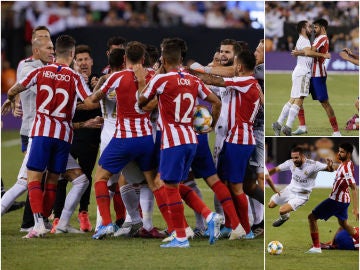 Tangana entre jugadores de Atlético y Real Madrid durante un partido amistoso