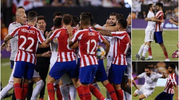 Tangana entre jugadores de Atlético y Real Madrid durante un partido amistoso