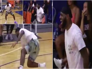 LeBron James celebra una gran jugada de su hijo LeBron James celebra una gran jugada de su hijo