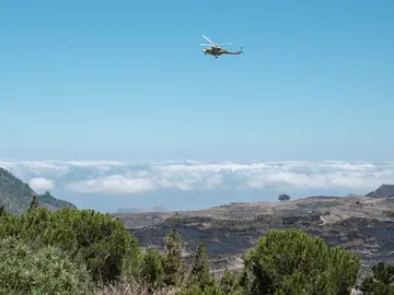 Un helicóptero del Gobierno de Canarias sobrevuela una de las zonas afectadas por el incendio Un helicóptero del Gobierno de Canarias sobrevuela una de las zonas afectadas por el incendio