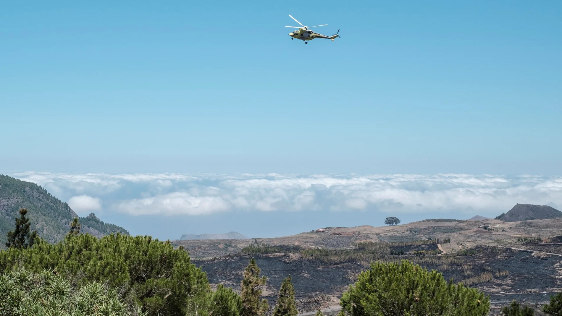 Un helicóptero del Gobierno de Canarias sobrevuela una de las zonas afectadas por el incendio Un helicóptero del Gobierno de Canarias sobrevuela una de las zonas afectadas por el incendio
