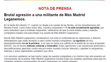 El comunicado donde Más Madrid condena la agresión a una de sus militantes en las fiestas de Leganés