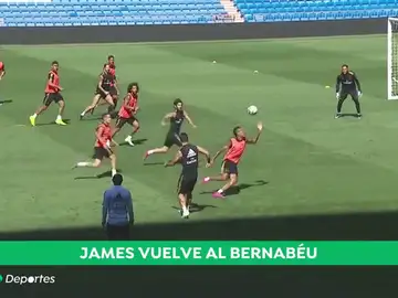 El Real Madrid se entrena en el Bernabéu: James sonr El Real Madrid se entrena en el Bernabéu: James sonr
