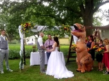 Una dama de honor se presenta en la boda de su hermana vestida de dinosaurio 