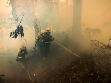 Un grupo de bomberos trabaja en las labores de extinción del incendio forestal declarado este jueves en la localidad coruñesa de Porto do Son