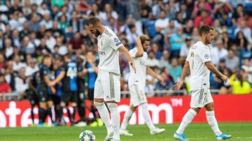 Los jugadores del Real Madrid, tras un gol del Brujas
