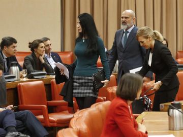 Macarena Olona, de Vox y otros diputados de la formación verde abandonan la Diputación Permanente tras ser expulsada por la presidenta del Congreso.