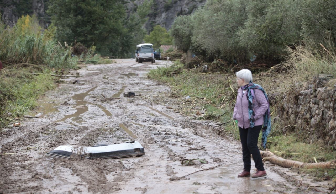 Una mujer observa los daños causado en la carretera de acceso a la población de Vilaverd Una mujer observa los daños causado en la carretera de acceso a la población de Vilaverd