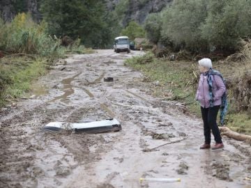 Una mujer observa los daños causado en la carretera de acceso a la población de Vilaverd