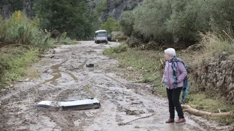 Una mujer observa los daños causado en la carretera de acceso a la población de Vilaverd Una mujer observa los daños causado en la carretera de acceso a la población de Vilaverd