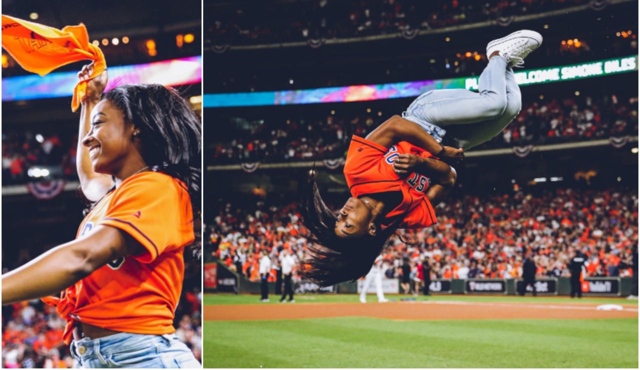 Simone Biles en el partido de béisbol de los Astros Simone Biles en el partido de béisbol de los Astros