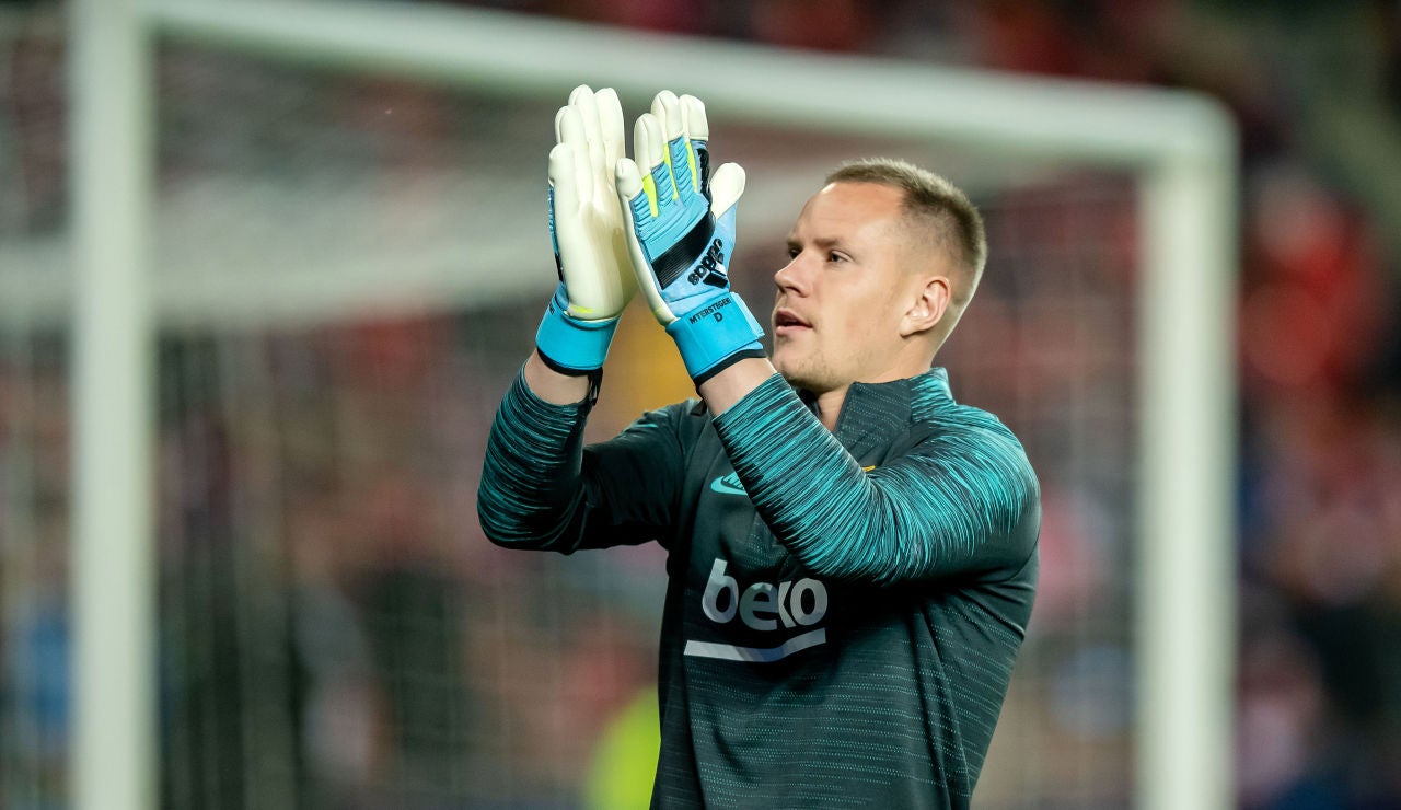 Ter Stegen durante el partido contra el Slavia de Praga Ter Stegen durante el partido contra el Slavia de Praga