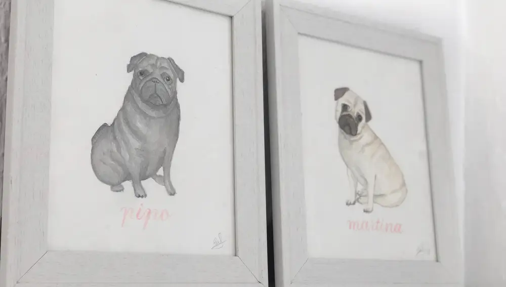 Junto a la cama hay una repisa con láminas hechas por su tía Bea, con imágenes de sus perritos 