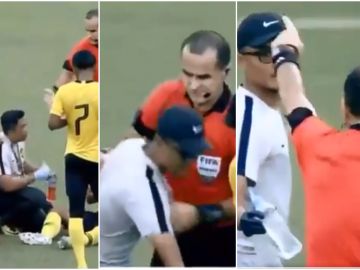 El árbitro saca tarjeta amarilla al médico del Malasia Sub 19