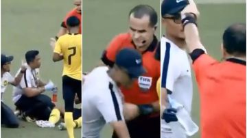 El árbitro saca tarjeta amarilla al médico del Malasia Sub 19
