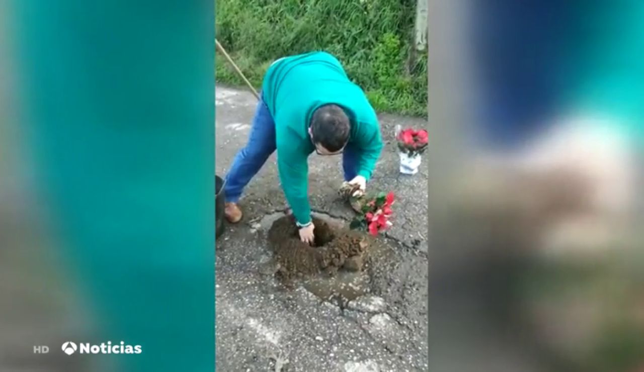 Un vecino de O Porriño rellena los baches con flores y plantas para llamar la atención del Ayuntamiento Un vecino de O Porriño rellena los baches con flores y plantas para llamar la atención del Ayuntamiento