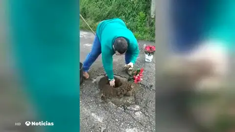 Un vecino de O Porriño rellena los baches con flores y plantas para llamar la atención del Ayuntamiento Un vecino de O Porriño rellena los baches con flores y plantas para llamar la atención del Ayuntamiento