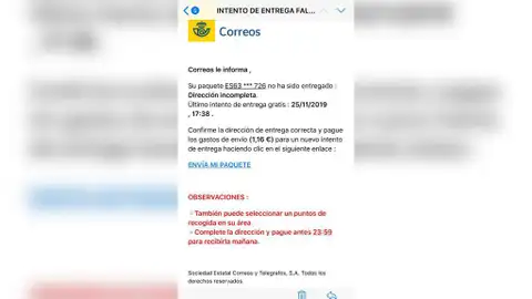 El mensaje falso de Correos El mensaje falso de Correos