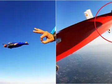 Sebastián Álvarez, en el momento de tocar el ala de la avioneta Sebastián Álvarez, en el momento de tocar el ala de la avioneta