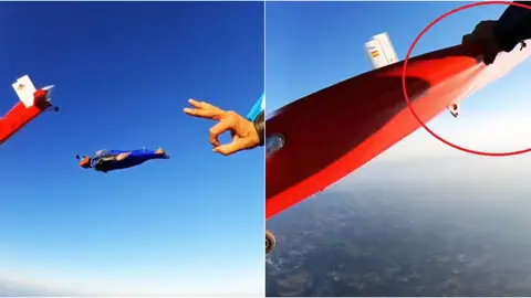 Sebastián Álvarez, en el momento de tocar el ala de la avioneta Sebastián Álvarez, en el momento de tocar el ala de la avioneta