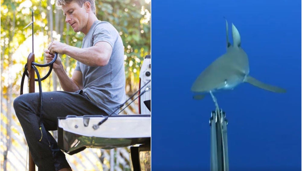 Mark Healey se defiende con su arpón de un tiburón 