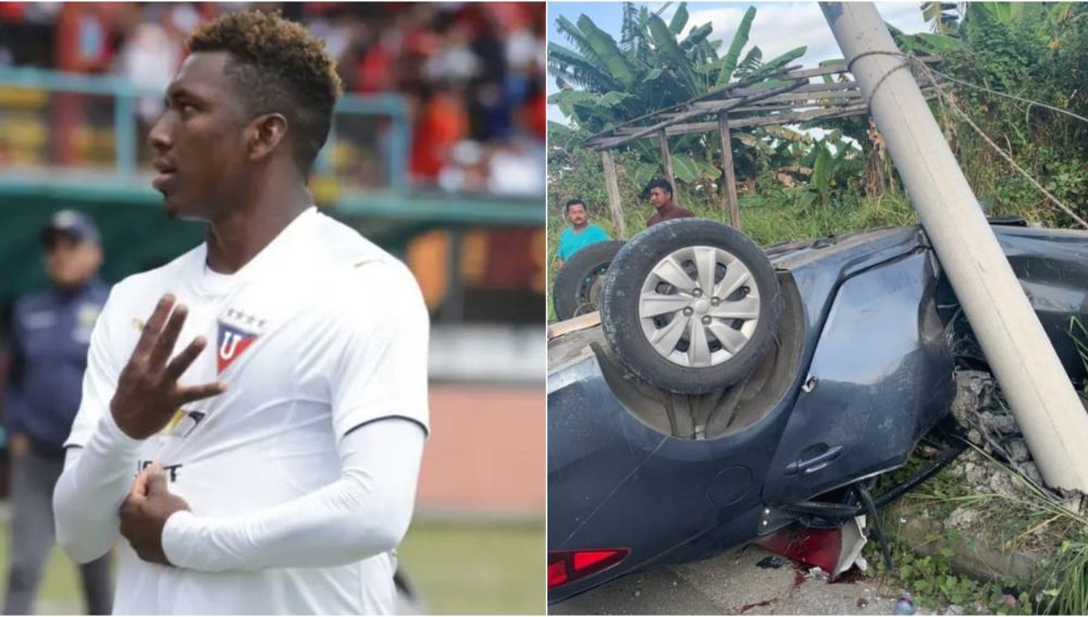 Imagen del futbolista Edison Realpe y de su coche accidentado
