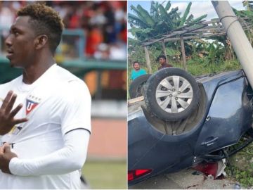 Imagen del futbolista Edison Realpe y de su coche accidentado