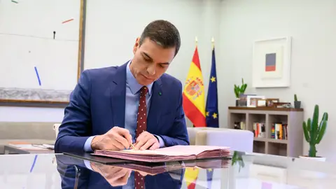 Pedro Sánchez firmando los decretos de los nombramientos Pedro Sánchez firmando los decretos de los nombramientos