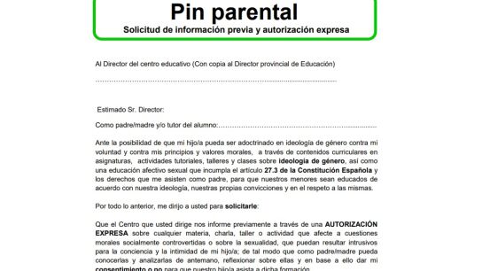 Fragmento del formulario de 'pin parental' colgado por Vox en su web