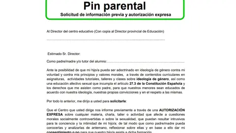 Fragmento del formulario de 'pin parental' colgado por Vox en su web Fragmento del formulario de 'pin parental' colgado por Vox en su web