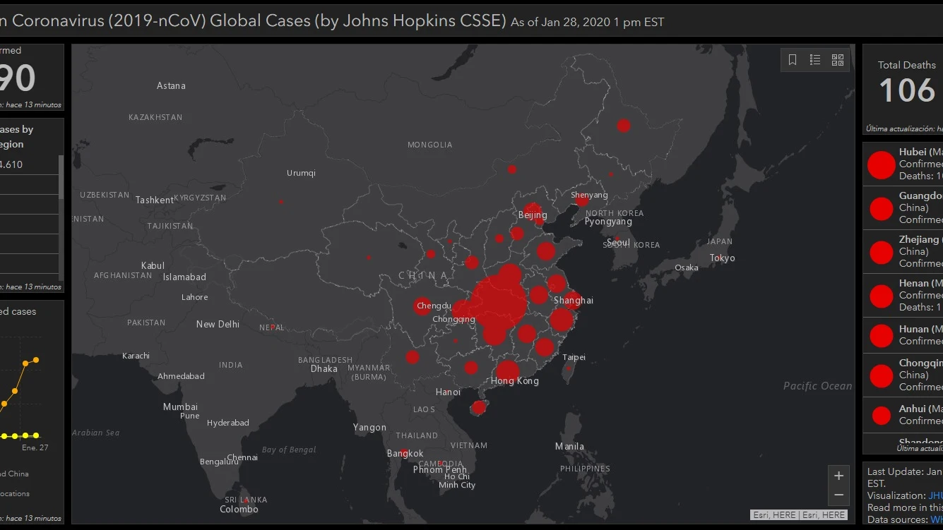 Mapa a tiempo real del avance del coronavirus
