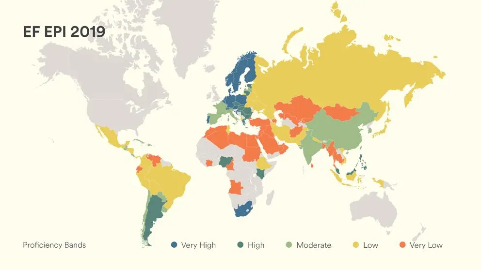 Mapa del nivel de ingl&eacute;s en el mundo