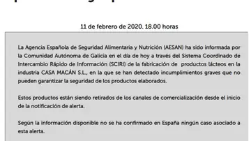 Sanidad ordena retirar productos de la empresa Lácteos Casa Macán por falta de seguridad Sanidad ordena retirar productos de la empresa Lácteos Casa Macán por falta de seguridad