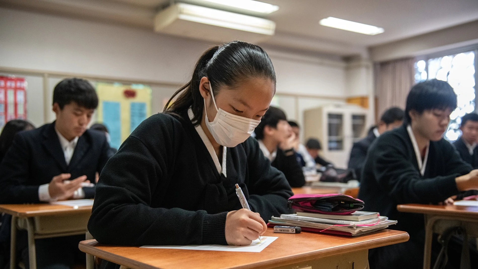 Una estudiante japonesa con mascarilla en el aula Una estudiante japonesa con mascarilla en el aula
