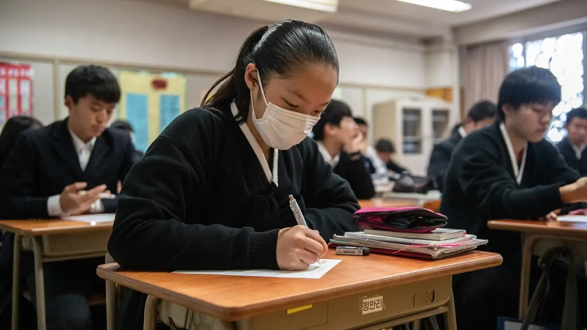 Una estudiante japonesa con mascarilla en el aula Una estudiante japonesa con mascarilla en el aula