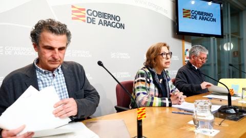 El director general de Salud P&uacute;blica, Francisco Javier Falo; la consejera, Pilar Ventura; y el gerente del Servicio Aragon&eacute;s de Salud, Javier Mari&oacute;n