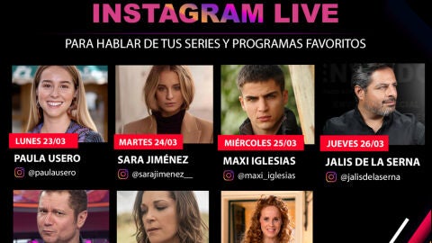 Paula Usero, Sara Jiménez, Maxi Iglesias, Jalis de la Serna, El Monaguillo, Cristina Plazas y María Castro en '#QuédateEnCasa con ATRESplayer'