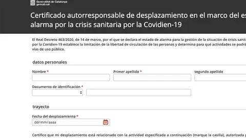Web del 'certificado autorresponsable de desplazamiento' Web del 'certificado autorresponsable de desplazamiento'