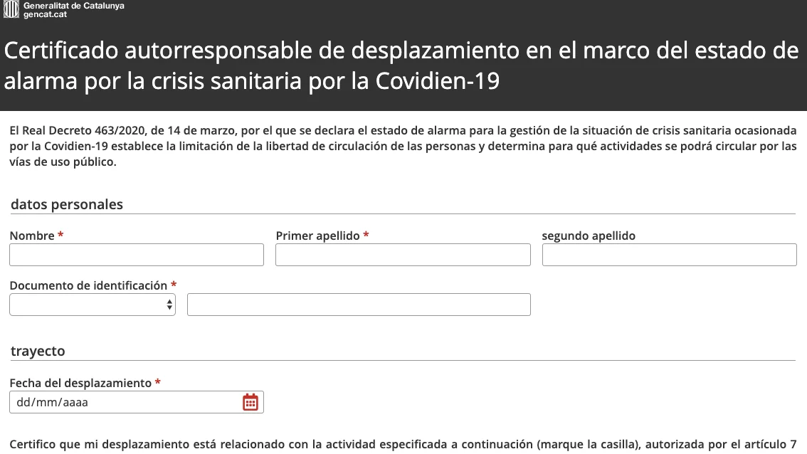 Web del 'certificado autorresponsable de desplazamiento' Web del 'certificado autorresponsable de desplazamiento'
