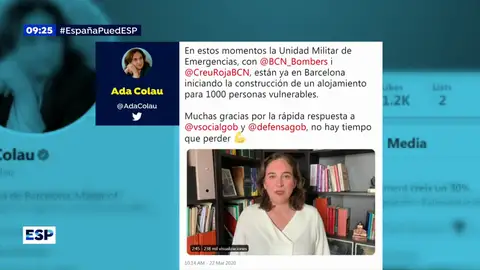 La alcaldesa de Barcelona, Ada Colau, agradece la rápida respuesta del ejército a su petición de ayuda por el coronavirus La alcaldesa de Barcelona, Ada Colau, agradece la rápida respuesta del ejército a su petición de ayuda por el coronavirus