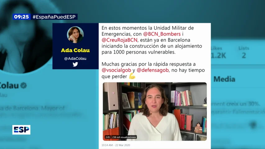 La alcaldesa de Barcelona, Ada Colau, agradece la r&aacute;pida respuesta del ej&eacute;rcito a su petici&oacute;n de ayuda por el coronavirus